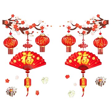 摩達客 春節開運招財 金紅祈福燈籠扇子雙面靜電貼 無痕窗貼 50x70cm  紅色 + 金色  1張