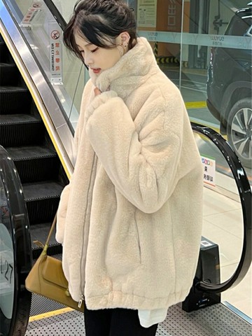 皮草女羊羔毛外套2024秋冬年輕新款仿獺兔毛毛絨大衣短款加厚棉服【淘夢屋】