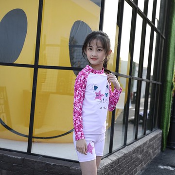 新款可愛卡通印花兒童泳衣女童分體長袖防曬小中大童泳衣套裝