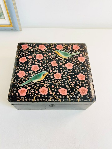 日本中古 花鳥手繪老木盒收納盒