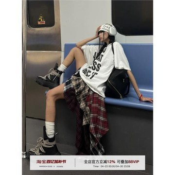 韓好甜WARDEN EDGE叛逆旋律 拼接格子裙女設計感不規則辣妹半身裙