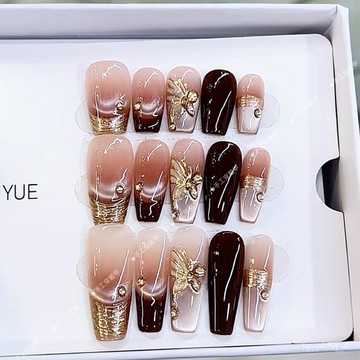 🎇新年穿戴甲🎇奈姿 純手工穿戴甲秋冬新款晚楓香檳鑽蝴蝶法式氣質貓眼美甲貼片手工穿戴甲顯白美甲片百搭美甲貼片 6OMF