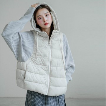 現貨★連帽抽繩鋪棉拼接針織袖拉鍊外套(共2色)1125 【NR2432】