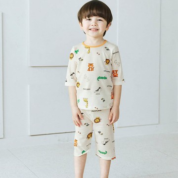 韓國 Maykids - 透氣條紋提花棉七分袖家居服-萌萌非洲動物