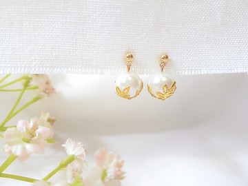 簍空 花網 珍珠 耳環 (金)