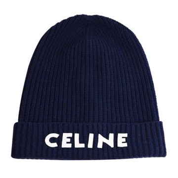 CELINE 經典電繡標章LOGO羅紋羊毛針織保暖毛帽.深海藍