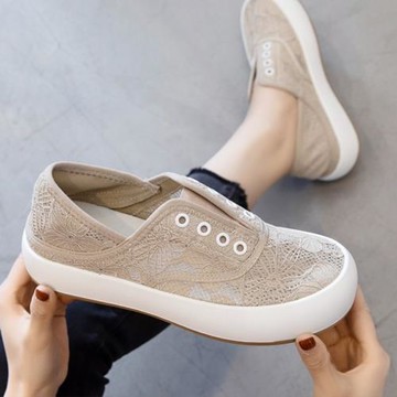 CCVV夏季厚底小白鞋女網面透氣網鞋新款蕾絲一腳蹬漁夫鞋休閑板鞋