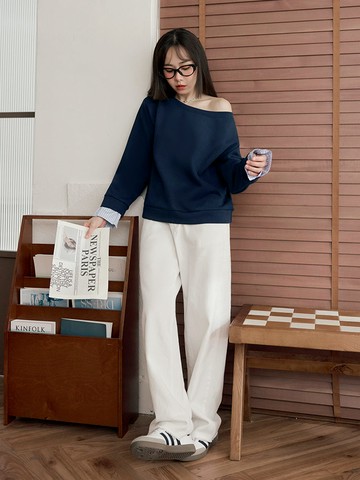 棉質船型領袖口拼接條紋長袖上衣