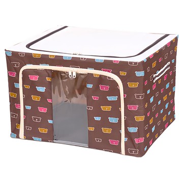 防潑水牛津布雙門雙視窗衣物鐵架收納箱 66L大容量 側拉把手 透明視窗  50 x 40 x 32.5cm  咖啡小熊  1個