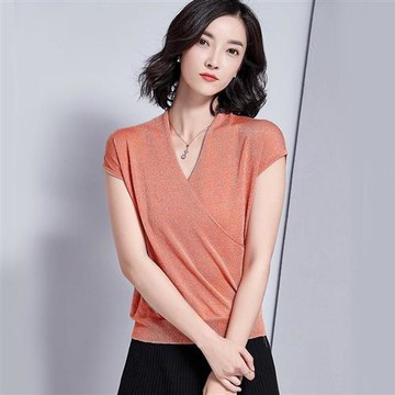【米蘭精品】針織衫短袖T恤-亮絲V領寬鬆薄款女上衣5色73xi9