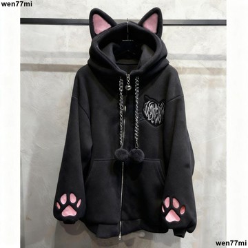 超實惠一 秋冬女外套 拉鏈外套加絨加厚亞文化二次元可愛貓耳連帽貓爪長袖外套萌宅黑貓朋克搖滾