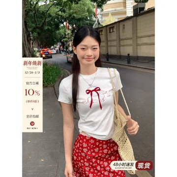 宋正恩白色小狗蝴蝶結印花短袖t恤女夏季韓系修身正肩短款小上衣