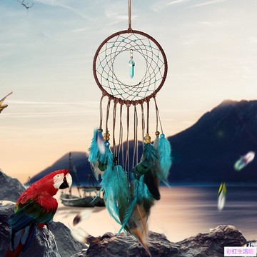 Diy藍色裝飾手工羽毛捕夢網汽車壁掛風鈴 裝飾品風鈴