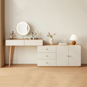 hoi!林氏木業北歐空島寬斗櫃伸縮化妝桌 UV2C 原木色 (附鏡)