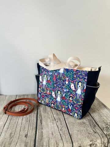 原創手工縫製托特側肩包帆布包 深藍愛麗詩夢遊仙境
