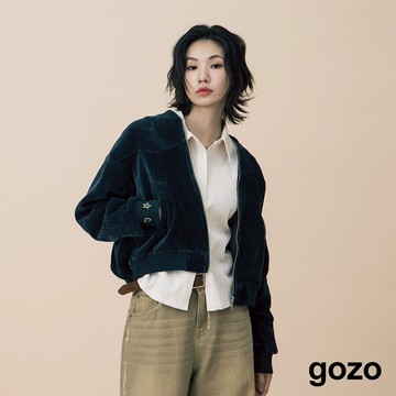 【gozo】A｜復古條絨袖口繡花棒球外套(粉色/深綠_F) | 女裝 現貨 休閒