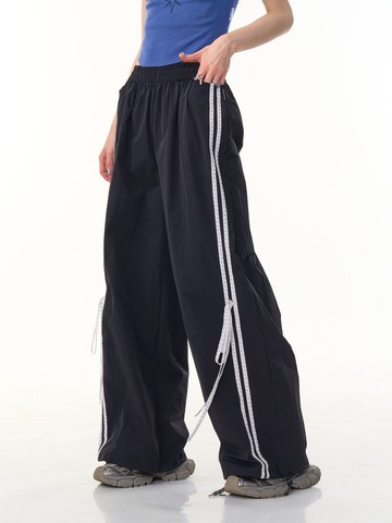 ziziFei美式復古設計感寬松綁帶垂感直筒闊腿黑色顯瘦休閒衛褲女