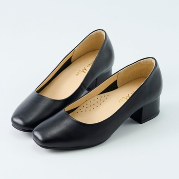 Kuru Mira約會通勤真皮方頭粗跟鞋-墨黑