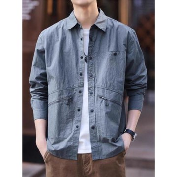 高端美式復古戶外休閑工裝襯衫男寬松春秋新款多口袋防嗮襯衣外套