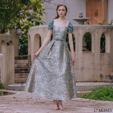 OMUSES 兩穿手工緹花刺繡綠色旗袍禮服