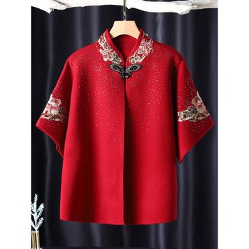 中老年女秋冬新款婚宴披肩斗篷上衣媽媽裝喜婆婆紅色坎肩針織羊毛