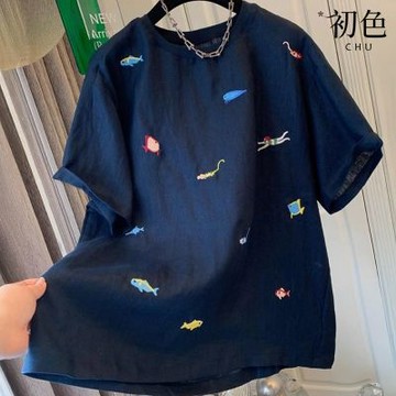 初色 棉麻風純色圓領海洋元素刺繡寬鬆短袖T恤上衣女上衣-共3色-12575(M-4XL可選)