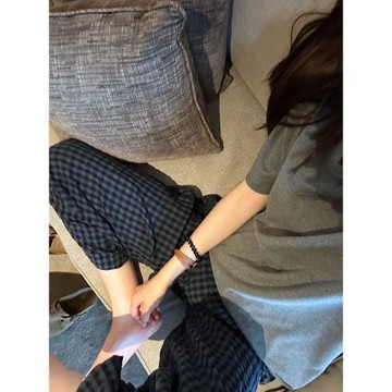 ins風休閑灰色短袖T恤睡衣女夏天2024新款格子長褲大碼家居服套裝