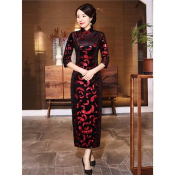 老古代直銷冬春金絲絨旗袍長款日常宴會長款七分袖大碼旗袍媽媽裝