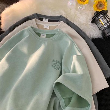 情侶裝t恤設計感小眾刺繡上衣夏季潮流寬松半截袖體恤鹿皮絨短袖