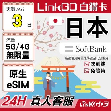 LINKGO白鑽卡 日本原生 eSIM卡 Softbank 3天吃到飽 不降速(日本網卡 東京 大阪 福岡 北海道 沖繩)