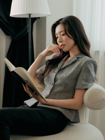 Houndstooth Wool Short-Sleeve Blazer [Black]