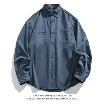 日系工裝襯衫男潮牌復古重磅寬松純棉口袋襯衣長袖百搭休閑外套潮