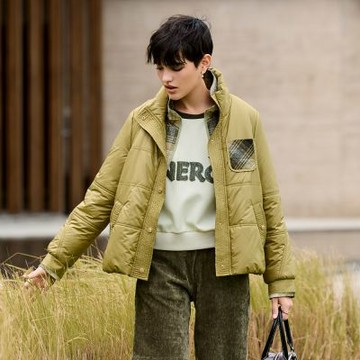 ILEY伊蕾 格紋拼接假兩件式鋪棉外套(綠；M-2L)