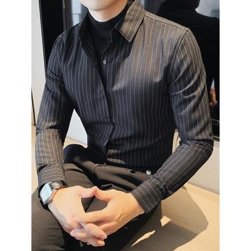 男士假兩件襯衫長袖條紋韓版潮流帥氣修身休閑春季高級感打底襯衣