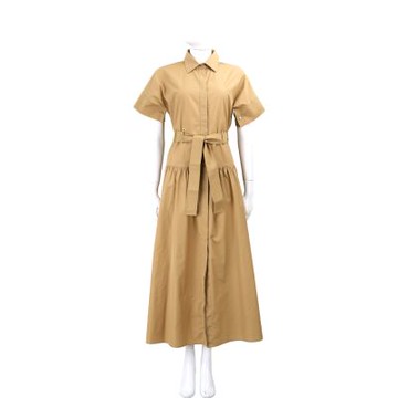 Max Mara Agoraio 可拆腰帶傘狀卡其色純棉金屬孔襯衫式短袖洋裝 連身裙