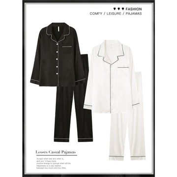 情侶睡衣女春秋款冰絲長袖薄款仿真絲綢家居服春夏季男士黑白套裝