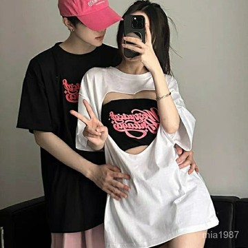 特大碼美式街頭T恤男夏寬鬆短袖情侶裝設計感辣妹鏤空上衣兩件套 TXXO