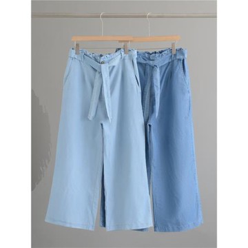 美春夏新品松緊腰高腰天絲棉牛仔褲花苞腰系帶寬松闊腿九分女褲