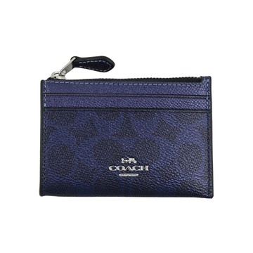 COACH金屬珠光海軍藍C LOGO PVC前卡夾鑰匙零錢包