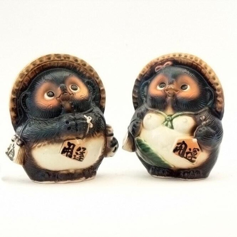 美品】たぬき 狸 陶器 夫婦和合 置物 インテリア 工芸品 美術品 A1142
