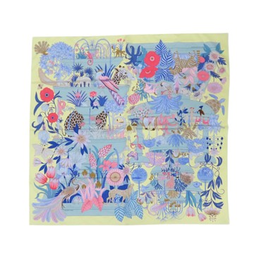 【二手名牌BRAND OFF】HERMES 愛馬仕 黃色 藍綠色 叢林 Precious Paradise Scarf 90 絲巾