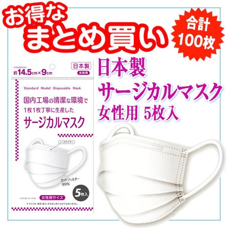 日本製 サージカルマスク 女性用サイズ 99 カットフィルター 5枚入 袋 合計100枚 不織布マスク 1袋110円 1枚22円 通販 Lineポイント最大0 5 Get Lineショッピング