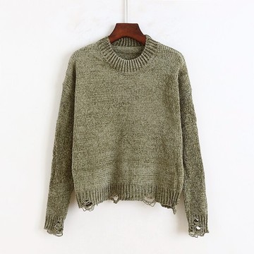 雪尼爾長袖圓領漏洞毛邊毛衣 春秋新款韓版打底衫 套頭針織衫上衣