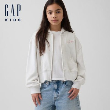 【GAP】兒童VintageSoft毛圈布寬版櫻花 Logo 拉鍊連帽運動衫-卡爾石色/櫻花粉(870851)