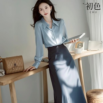 初色 通勤風單排扣襯衫領長袖襯衫上衣女上衣+純色直筒中長裙半身裙兩件套裝-藍色-10903(M-XL可選)