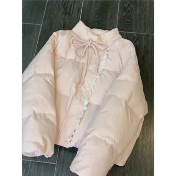 蕾絲拼接棉服外套女2024年新款冬季韓系高級感粉色蝴蝶結系帶棉衣
