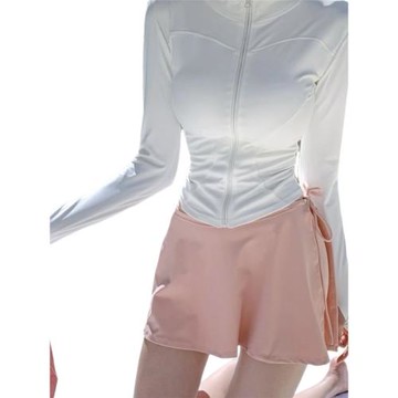 韓國新款韓版撞色泳衣女性感長袖防曬裙式簡約時尚分體比基尼