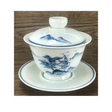 景德鎮陶瓷三才青花手繪山水蓋碗馬蹄飯杯中式釉下彩復古家用禮物