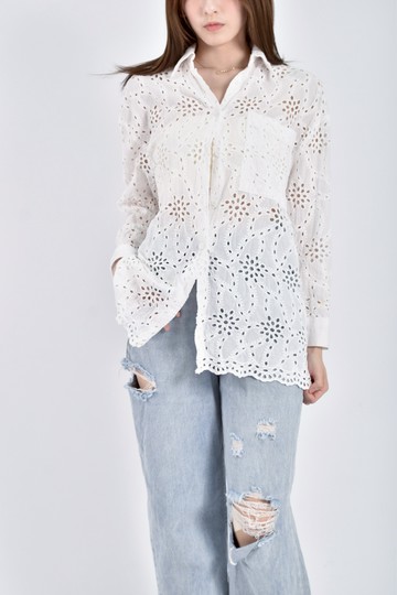 加購優惠(M) shein鉤花白色襯衫上衣