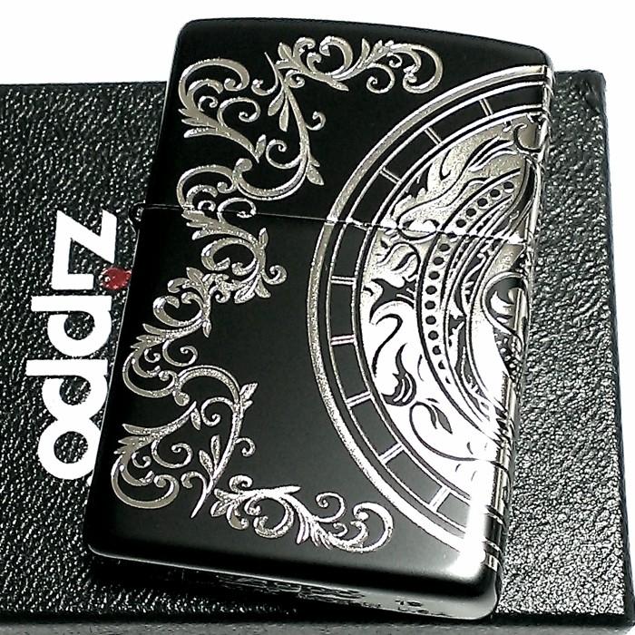 ZIPPO ライター キングクレスト ジッポ マットブラック＆シルバー 黒銀 3面エッチング彫刻 かっこいい おしゃれ メンズ ギフト プレゼント